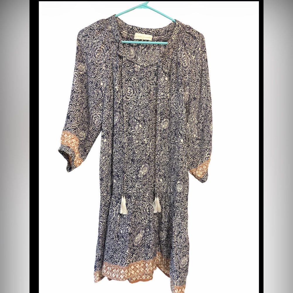 Natalie Martin Stevie Dress Silk Boho Tassel Navy Paisley Print Size M